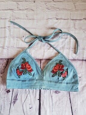 essue Light Blue Denim Halter Bralette with Red Rose Embroidery Bohemian Beachy